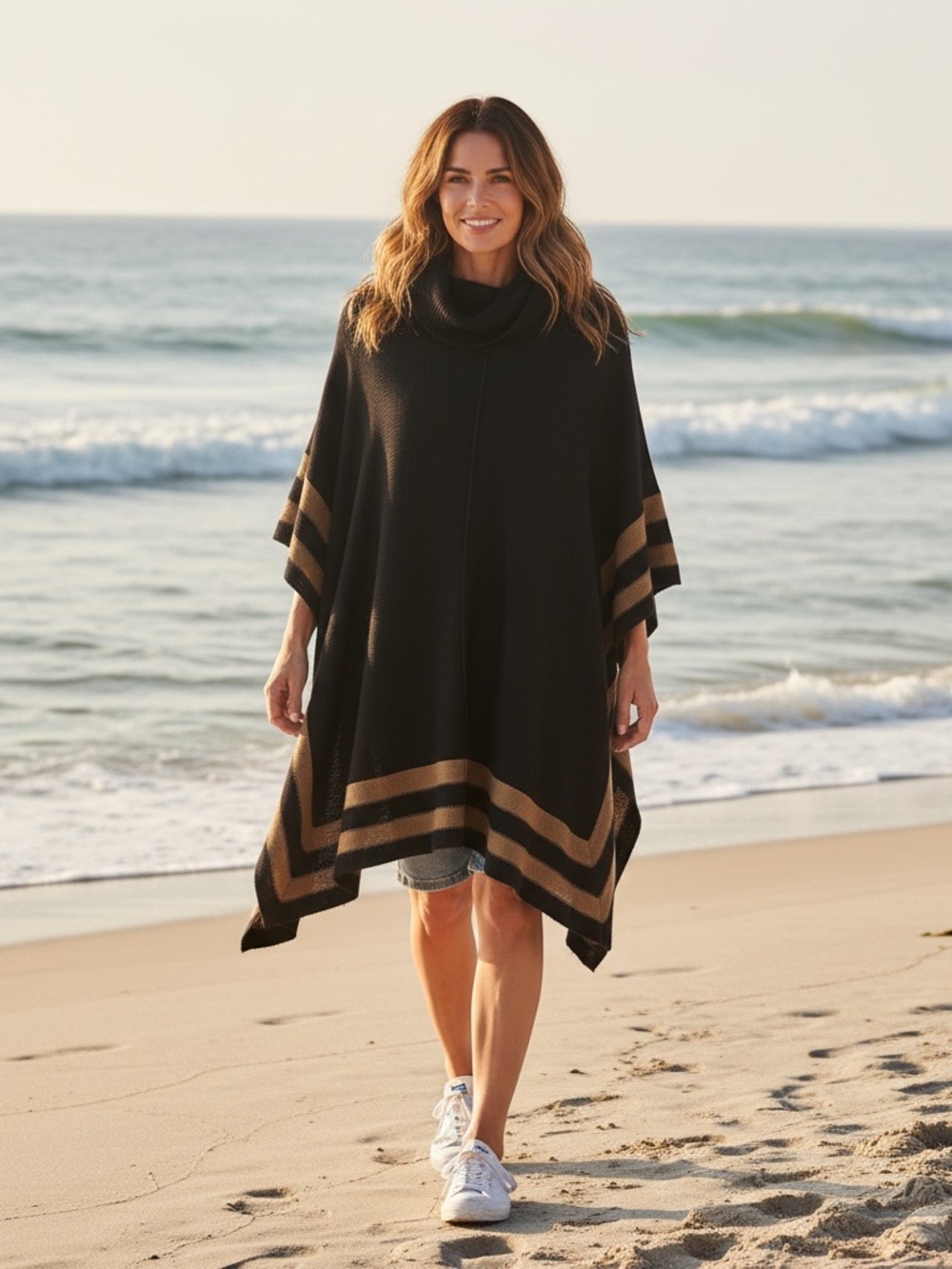 One size The Limited Black Poncho Sweater with Brown Stripe Trim